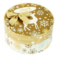 Lindt Goldstücke Pralinen in dekorativer Rundschachtel in gold/weiß mit Weihnachtsmotiven und Schleife (140g Dose)