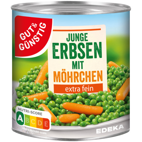 Gut&Günstig Junge Erbsen mit Möhrchen extra fein 3er Pack (3x800g Dose) + usy Block