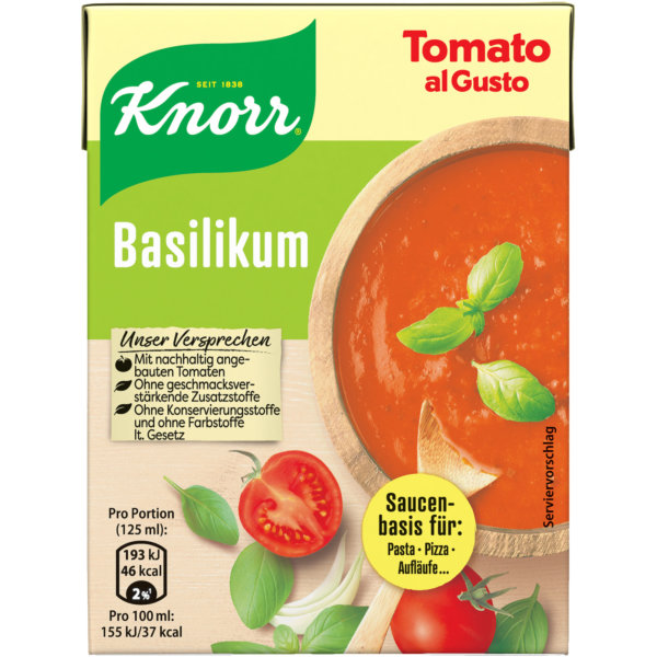 Knorr Tomato al Gusto Basilikum Saucen-Basis für Pizza Pasta und Aufläufe (370g Packung)