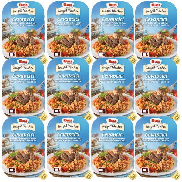 Buss Cevapcici Pikante Hackfleischröllchen mit Balkangemüse und Reis Fertiggericht VPE (12x300g Packung)