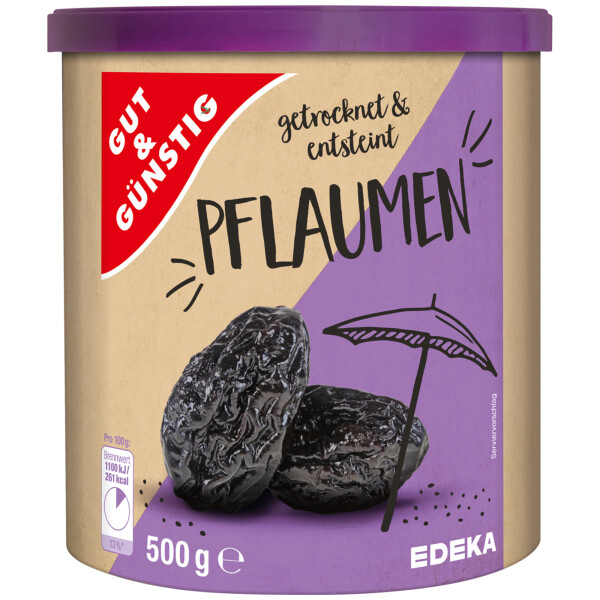 Gut&Günstig Trockenpflaumen entsteint und essfertig 3er Pack (3x500g Dose) + usy Block