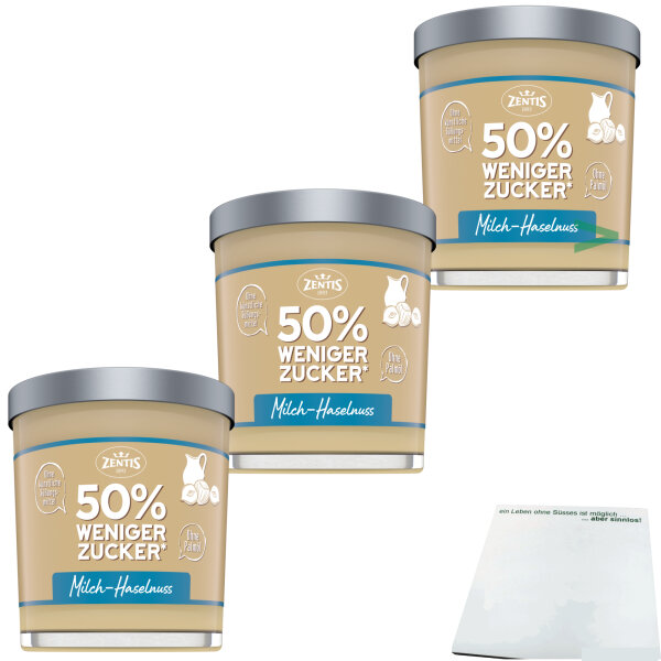 Zentis Milch-Halsenuss-Creme 50% weniger Zucker ohne Palmöl 3er Pack (3x200g) + usy Block