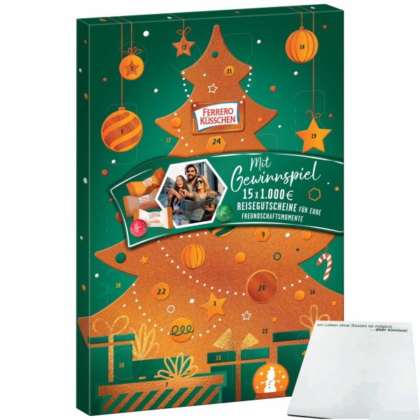 Ferrero Küsschen Adventskalender mit Klassik, Doublechoc, White Crispy & Kugeln (200g Packung) + usy Block