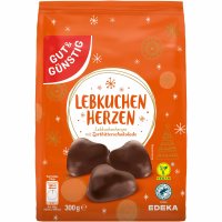 Gut&Günstig Lebkuchenherzen ungefüllt zarte Lebkuchen in Zartbitterschokolade (300g Packung)