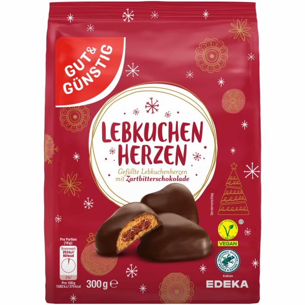 Gut&Günstig Lebkuchenherzen gefüllt Zartbitter mit 28% Aprikosenfruchtfüllung (300g Packung)