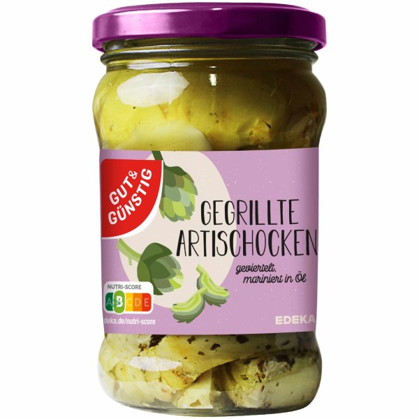 Gut&Günstig Gegrillte Artischocken geviertelt in Sonnenblumenöl mit mediterranen Kräutern und Knoblauch verfeinert (280g Glas)