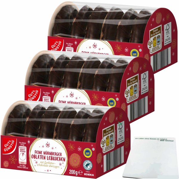 Gut&Günstig feine Nürnberger Oblatenlebkuchen Zartbitter 3er Pack (3x200g Packung) + usy Block