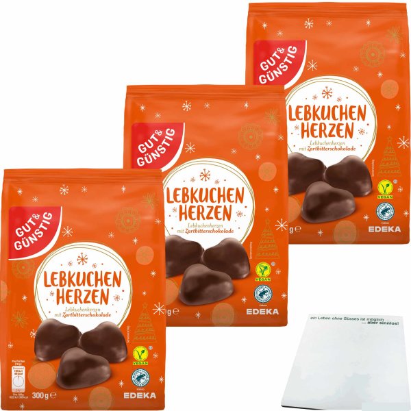 Gut&Günstig Lebkuchenherzen ungefüllt zarte Lebkuchen in Zartbitterschokolade 3er Pack (3x300g Packung) + usy Block