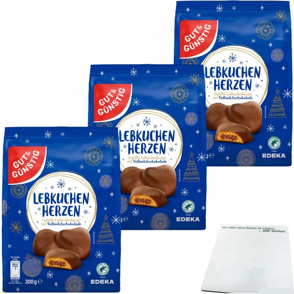 Gut&Günstig Lebkuchenherzen Vollmilch gefüllt mit 28 % Aprikosenfruchtfüllung 3er Pack (3x300g Packung) + usy Block