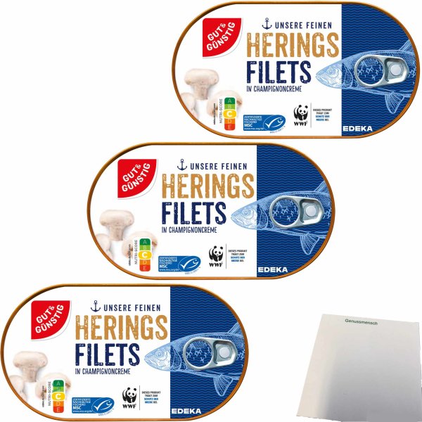 Gut&Günstig Heringsfilets in Champignoncreme mit Champignonstückchen 3er Pack (3x200g Dose) + usy Block