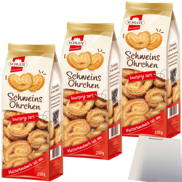 Schulte Schweinsöhrchen knusprig zart Blätterteiggebäck 3er Pack (3x250g Beutel) + usy Block