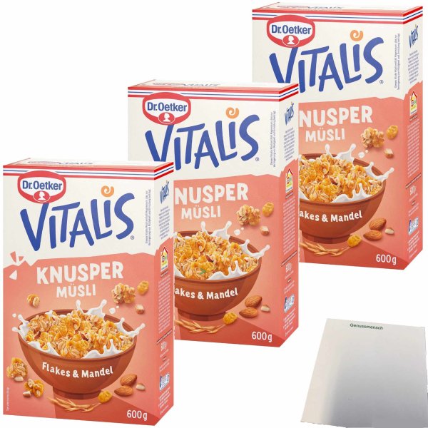 Dr. Oetker Vitalis Knusper Müsli Flakes und Mandel 3er Pack (3x600g Packung) + usy Block