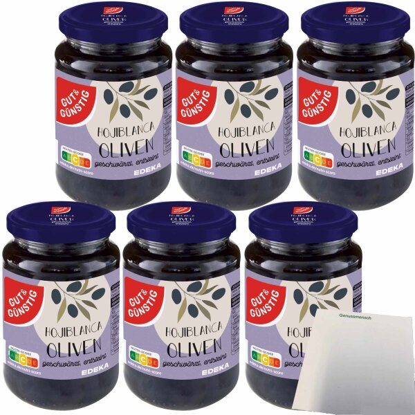 Gut&Günstig Hojiblanca Oliven geschwärzt entsteint  6er Pack (6x340g Glas) + usy Block
