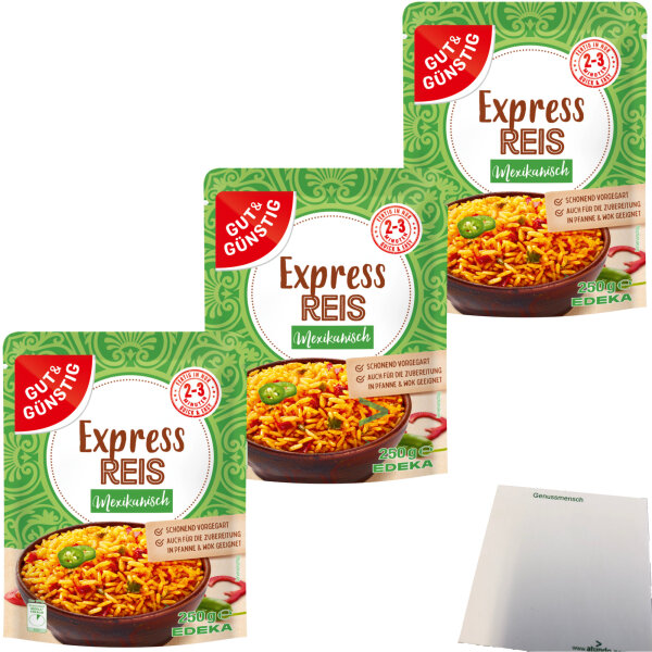 Gut&Günstig Expressreis mexikanisch schonend vorgegart mit Paprika Chili und verschiedenen Gewürzen 3er Pack (3x250g Packung) + usy Block