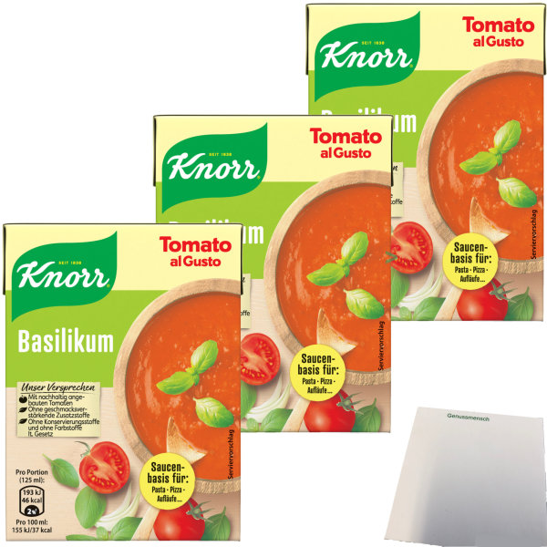 Knorr Tomato al Gusto Basilikum Saucen-Basis für Pizza Pasta und Aufläufe 3er Pack (3x370g Packung) + usy Block