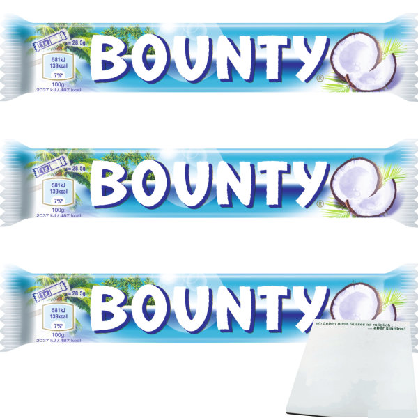 Bounty Einzelriegel Gefüllte Milchschokolade mit saftigem weissem Kokosmark 3er Pack (3x57g Riegel) + usy Block