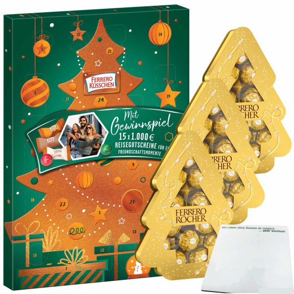 Ferrero Rocher Weihnachtsmultibundle:  Küsschen Adventskalender 200g + 3x Rocher Tanne 150g Packung + usy Block