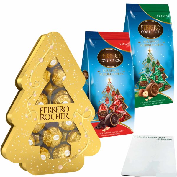 Ferrero Collection Weihnachtspack: Knusprige Schokozapfen Kakao & Haselnuss (2x100g Beutel) + Rocher Tanne (150g) + usy Block
