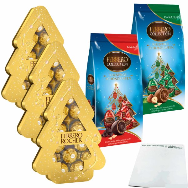 Ferrero Collection Weihnachtsmultipack: Knusprige Schokozapfen Kakao & Haselnuss (2x100g Beutel) + 3x Rocher Tanne (150g) + usy Block