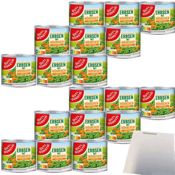 Gut&Günstig Junge Erbsen mit Möhrchen extra fein 6er Pack (18x200g Dose) + usy Block