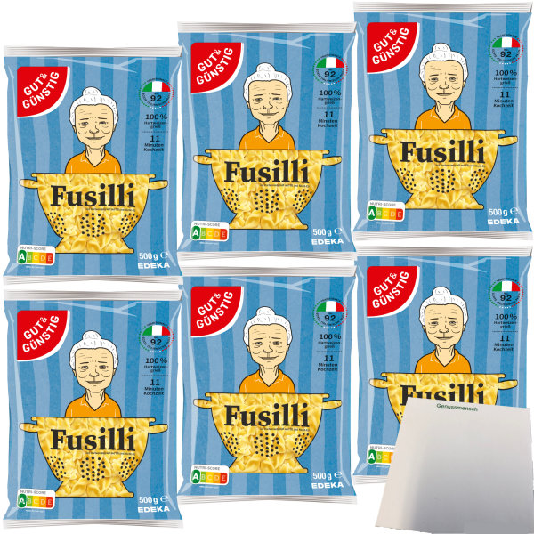 Gut&Günstig Nudeln Fusilli Pasta aus Italien 6er Pack (6x500g Packung) + usy Block