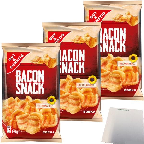 Gut&Günstig Bacon Snack herzhafter Knabberspaß 3er Pack (3x130g Packung) + usy Block