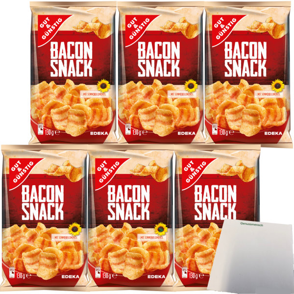 Gut&Günstig Bacon Snack herzhafter Knabberspaß 6er Pack (6x130g Packung) + usy Block