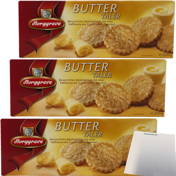 Borggreve Buttertaler Meisterliches Buttergebäck mit Kristallzucker bestreut 3er Pack (3x200g Packung) + usy Block