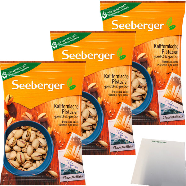 Seeberger Kalifornische Pistazien geröstet und gesalzen 3er Pack (3x150g Packung) + usy Block