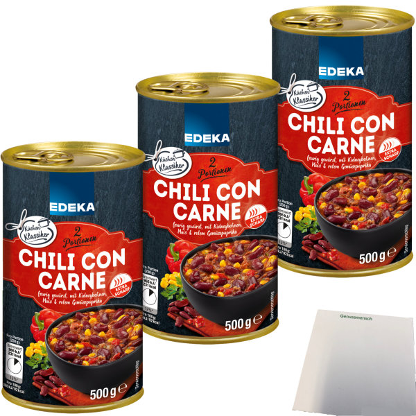 Edeka Chili con Carne feurig gewürzt mit Kidneybohnen Mais und rotem Gemüsepaprika 3er Pack (3x500g Dose) + usy Block