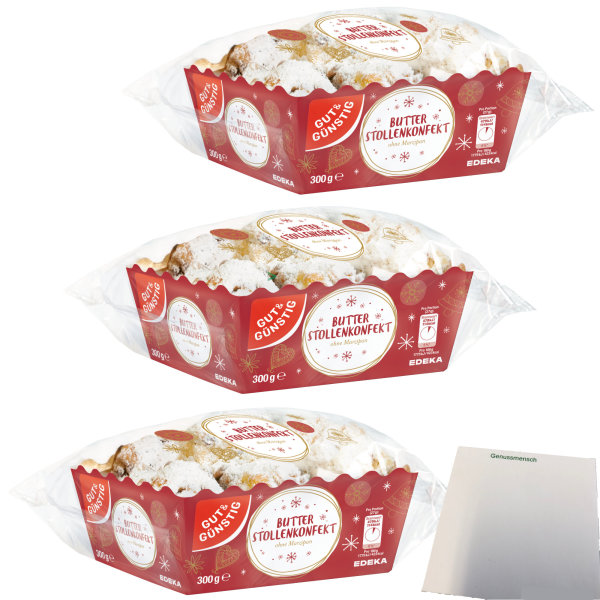 Gut&Günstig Butterstollenkonfekt ohne Marzipan mit 28 % Rosinen verfeinert 3er Pack (3x300g Packung) + usy Block