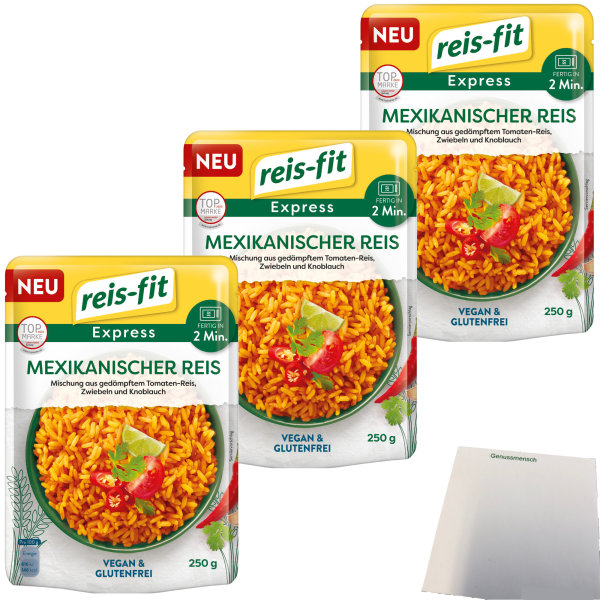 Reis-Fit Express mexikanischer Reis Vegan und Glutenfrei 3er Pack (3x250g Packung) + usy Block