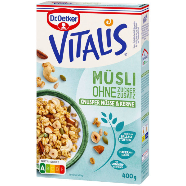 Dr. Oetker Vitalis Müsli Knusper Nüsse und Kerne ohne Zuckerzusatz (400g Packung)