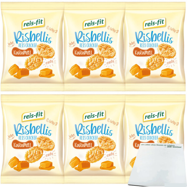 Reis-Fit Risbellis Caramel Fettarme Reis-Cracker mit Karamellgeschmack 6er Pack (6x40g Packung) + usy Block