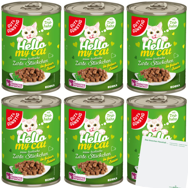 Gut&Günstig Hello my Cat Zarte Stücke mit Truthahn in feiner Sauce 6er Pack (6x415g Dose) + usy Block