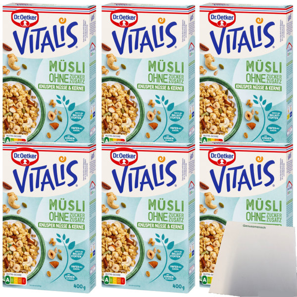 Dr. Oetker Vitalis Müsli Knusper Nüsse und Kerne ohne Zuckerzusatz 6er Pack (6x400g Packung) + usy Block