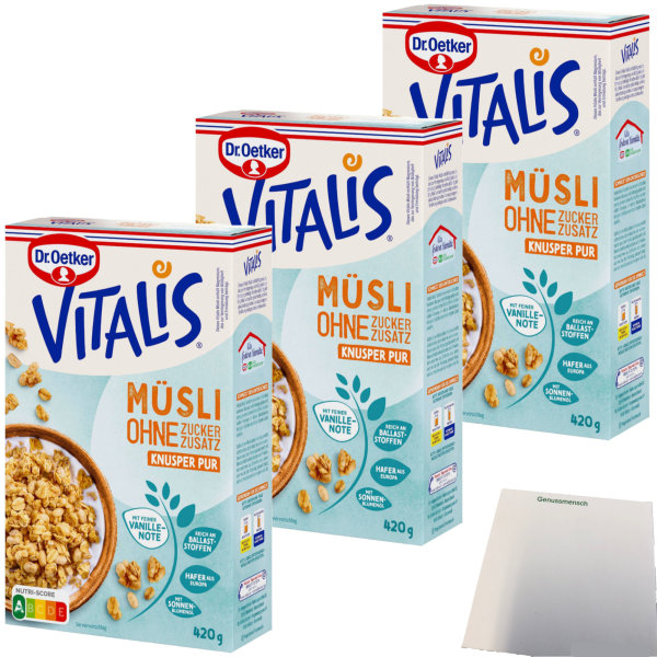 Dr. Oetker Vitalis Knusper-Müsli ohne Zuckerzusatz 3er Pack (3x420g Packung) + usy Block