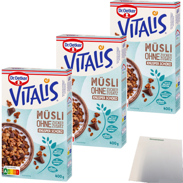 Dr. Oetker Vitalis Müsli Knuspermüsli Schoko ohne Zuckerzusatz 3er Pack (3x400g Packung) + usy Block