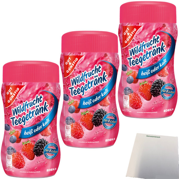 Gut&Günstig Wildfrucht-Teegetränk kalt oder heiß zu genießen 50% kalorienreduziert 3er Pack (3x400g Packung) + usy Block