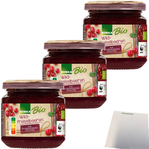 Edeka Bio Wild-Preiselbeeren 40 % Fruchtanteil 3er Pack (3x220g Glas) + usy Block