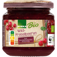 Edeka Bio Wild-Preiselbeeren 40 % Fruchtanteil 3er Pack (3x220g Glas) + usy Block