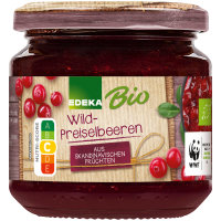 Edeka Bio Wild-Preiselbeeren 40 % Fruchtanteil 6er Pack (6x220g Glas) + usy Block