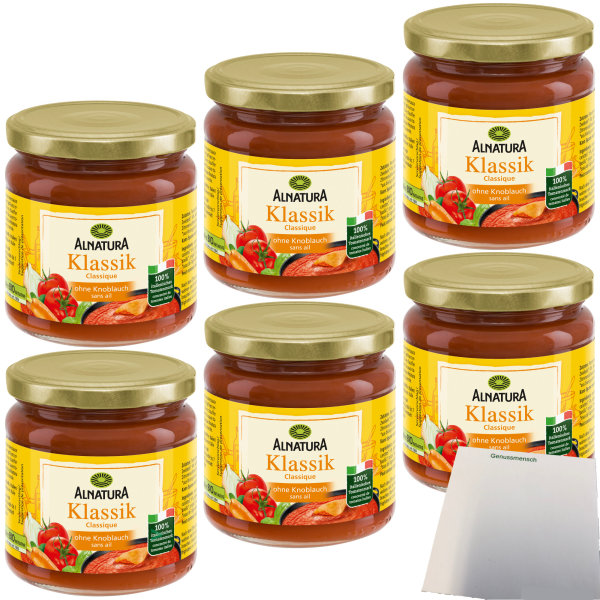 Alnatura Bio Tomatesauce Klassik ohne Knoblauch 6er Pack (6x350 ml Glas) + usy Block