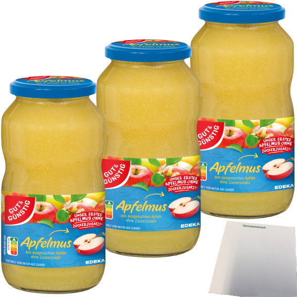 Gut&Günstig Apfelmus ohne Zuckerzusatz 3er Pack (3x710g Glas) + usy Block