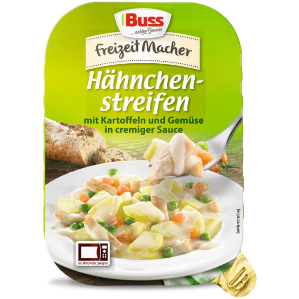 Buss Hähnchenstreifen in cremiger Sauce mit Kartoffeln und feinem Gemüse (300g Packung)