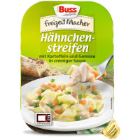 Buss Hähnchenstreifen in cremiger Sauce mit Kartoffeln und feinem Gemüse 3er Pack (3x300g Packung) + usy Block