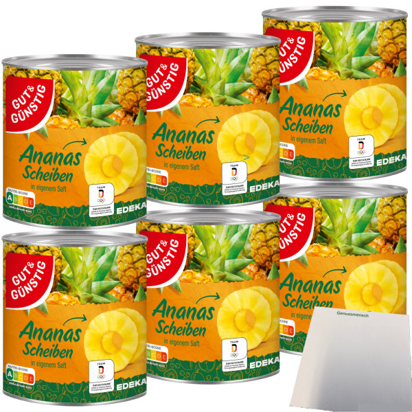 Gut&Günstig Ananas Scheiben in eigenem Saft 6er Pack (6x565g Dose) + usy Block