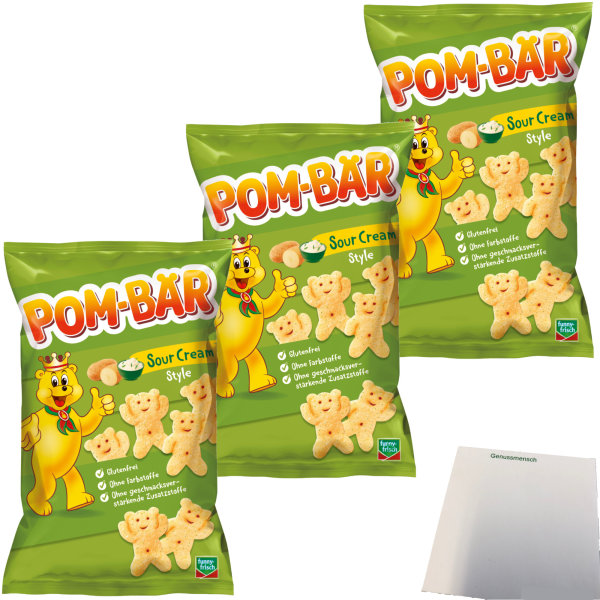 Pom-Bär Sour Cream Kartoffelsnack 3er Pack (3x75g Packung) + usy Block