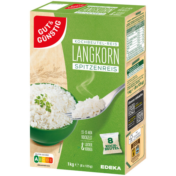 Edeka Langkorn-Spitzenreis locker und körnig im Kochbeutel 8 Beutel (1kg Packung)