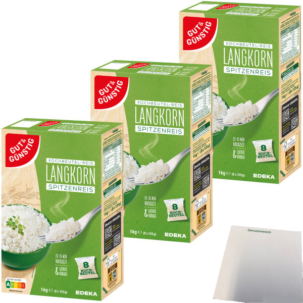 Edeka Langkorn-Spitzenreis locker und körnig im Kochbeutel 24 Beutel 3er Pack (3x1kg Packung) + usy Block